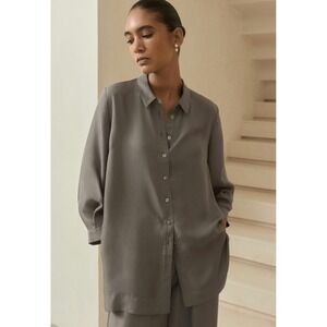 Poetry 100% Silk Deep Side Split Button Down Shirt Khaki Taupe Womens Size US 12